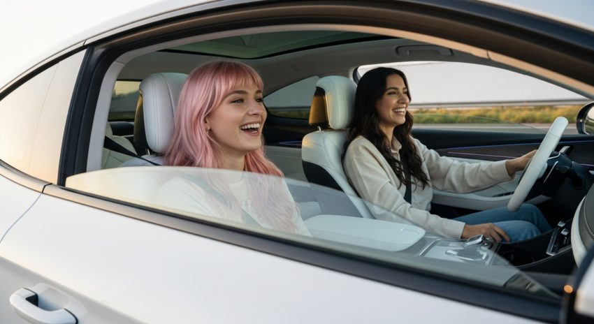 若い女性2人が楽しそうにBYD電気自動車を運転している画像