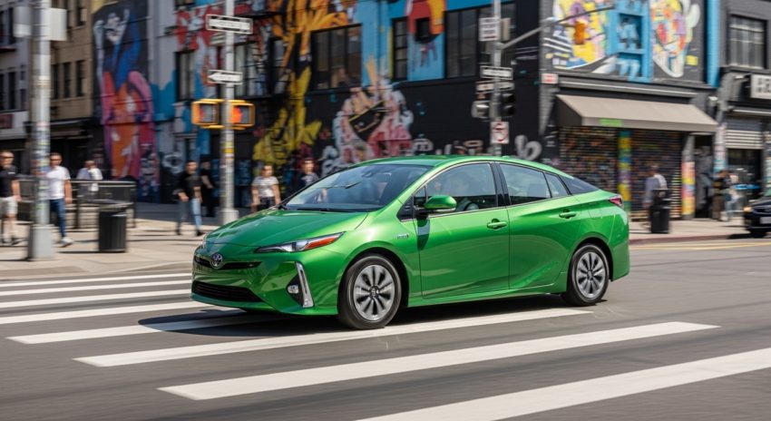 緑色のプリウスが街中を走っている画像