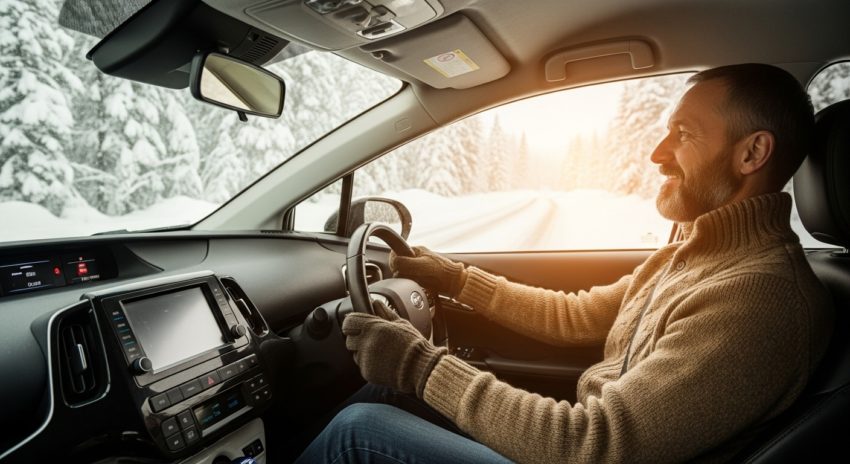 暖房の効いた車内で快適に運転をする男性の画像