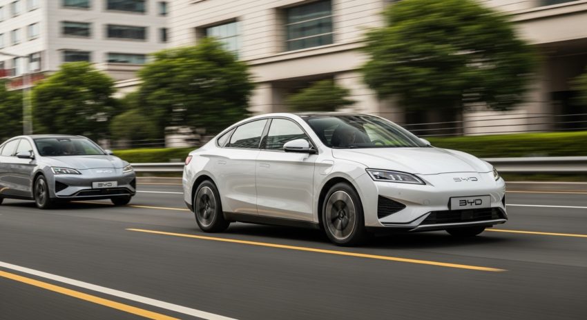 BYD電気自動車が街中を走っている画像