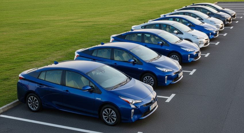 プリウスが駐車場に並んでいる画像