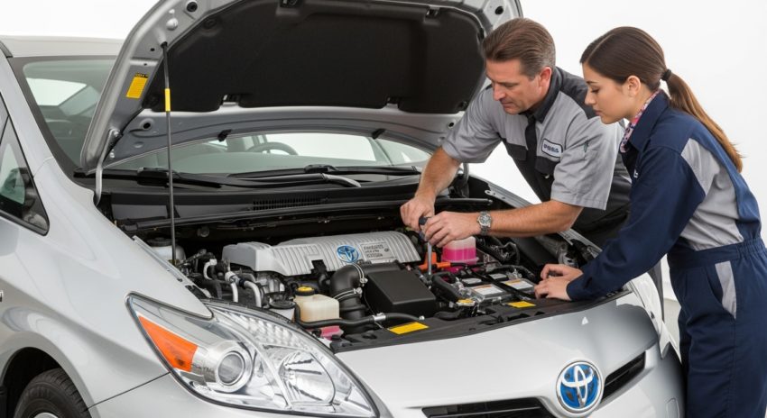 プリウス30系のボンネットを開けて整備している画像