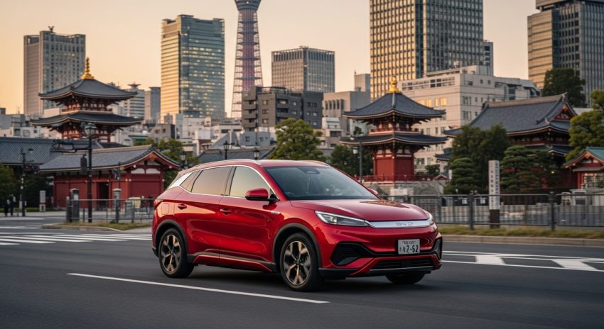 東京都内を赤いBYD電気自動車が走っている画像