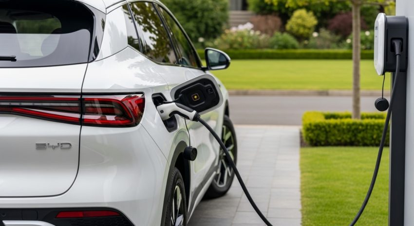 白いBYDを庭で充電している画像