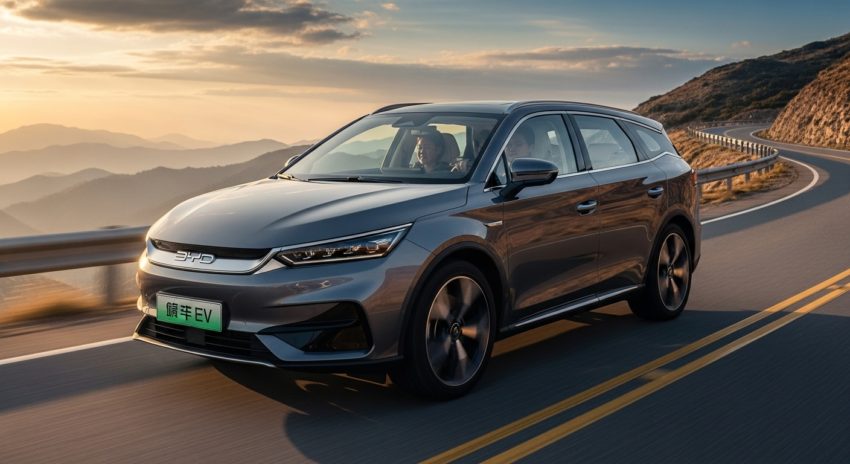 シルバーのBYDが海辺を走っている画像