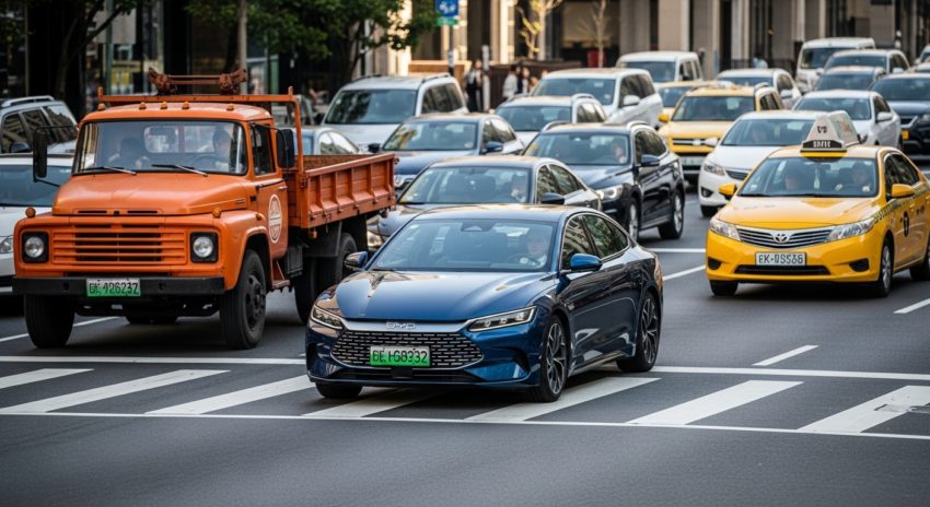 BYD電気自動車が都市を走っている画像