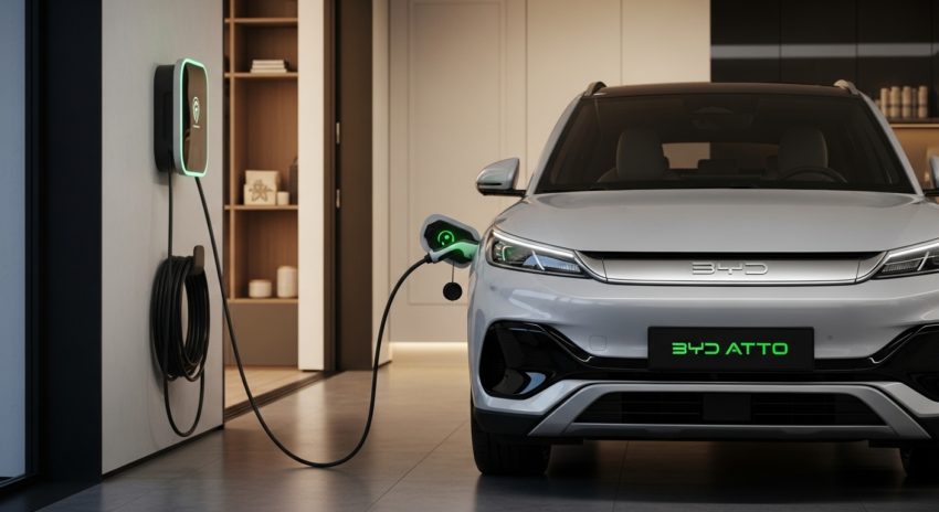 BYD ATTO3を自宅で充電している画像