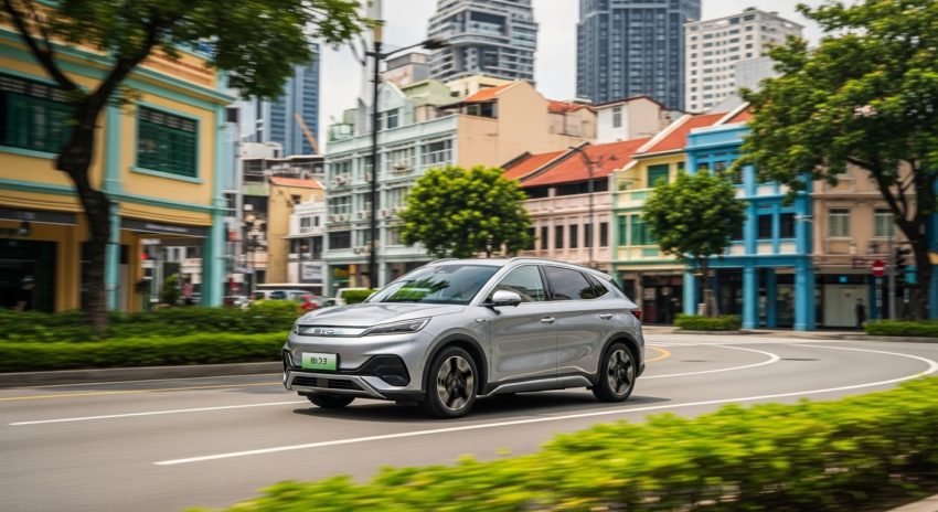 BYD ATTO3が街中を走っている画像