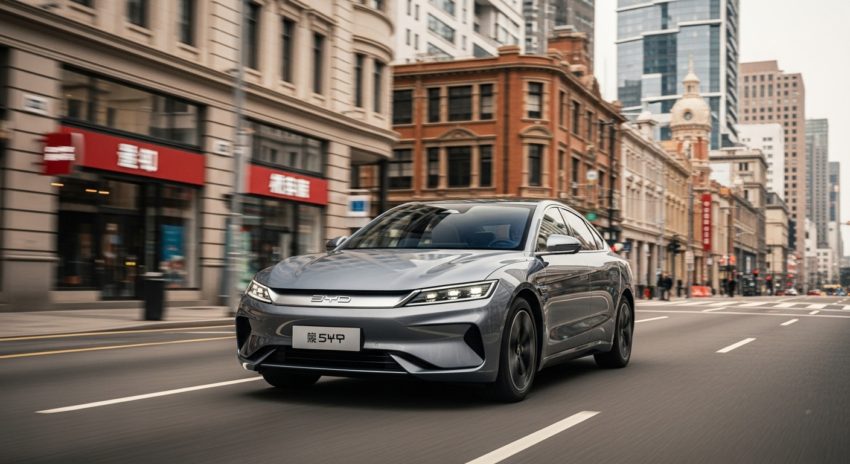 BYD電気自動車か街中を走っている画像