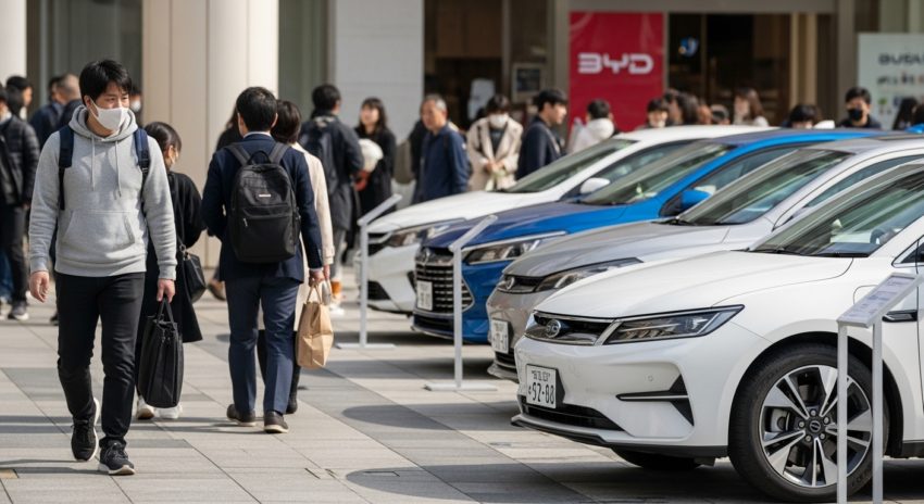感心がないせいかBYD電気自動車の前を通り過ぎる男性の画像
